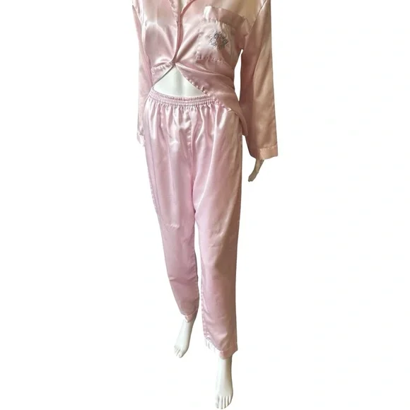 Vintage Ashley Taylor Pale Pink Satin Button-Up Pajama Set PJ’s Sz M - Picture 7 of 11